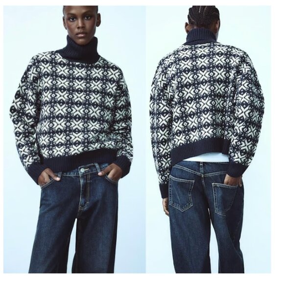 NWOT Zara JACQUARD SLIGHTLY KNIT FAIR ISLE TURTLENECK SWEATER NAVY CREAM Wool - Picture 3 of 9